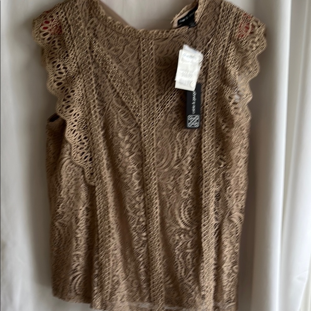 Cable & Gauge Tan Ruffled Cap Sleeve Blouse